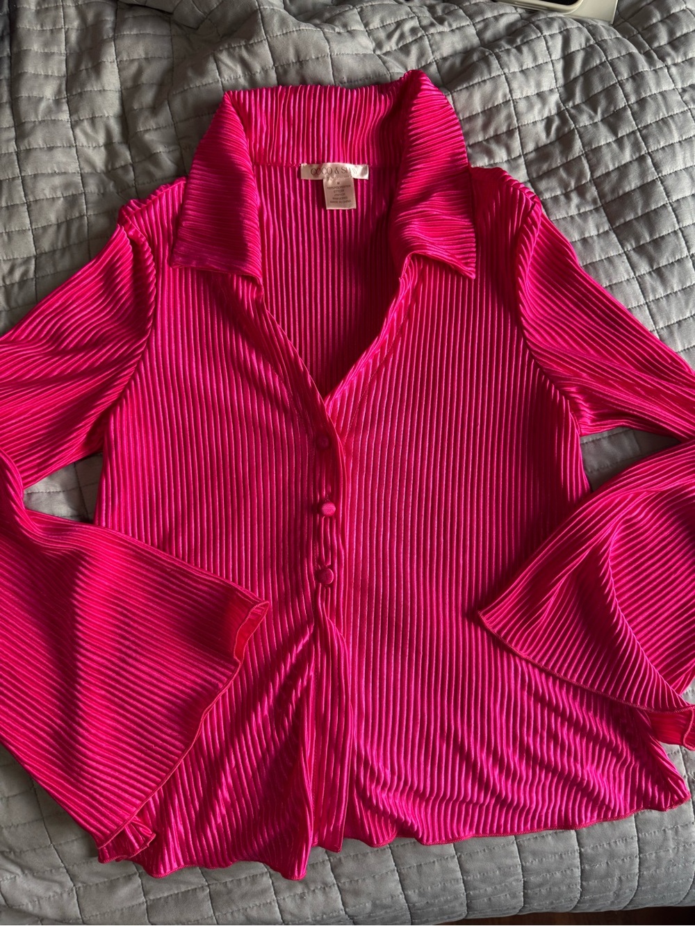 Fuchsia Pleated Button-Front Blouse with Flared Sleeves